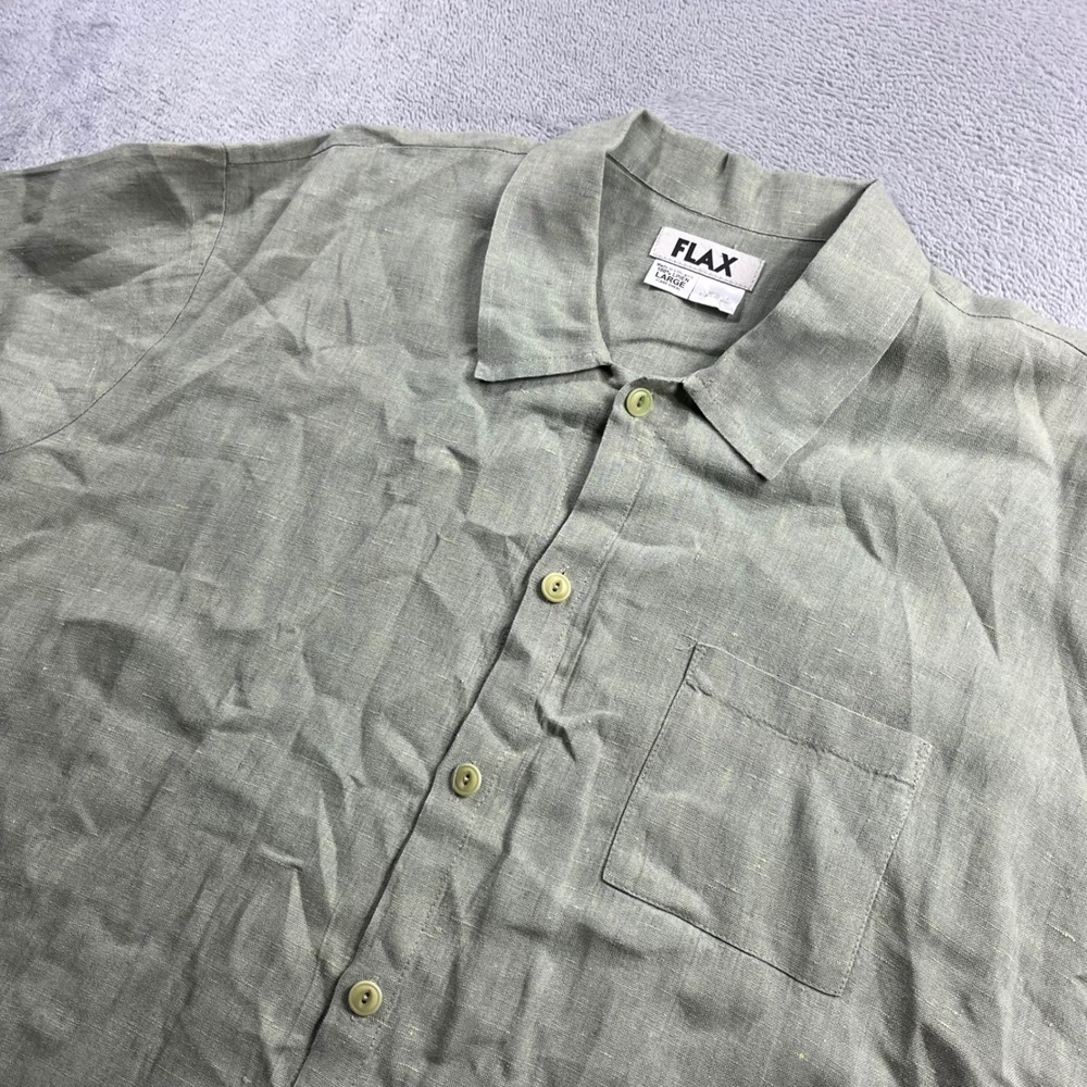 FLAX Mens 100% Linen Short Sleeve Button Up Shirt Sage Green Large Lithuania